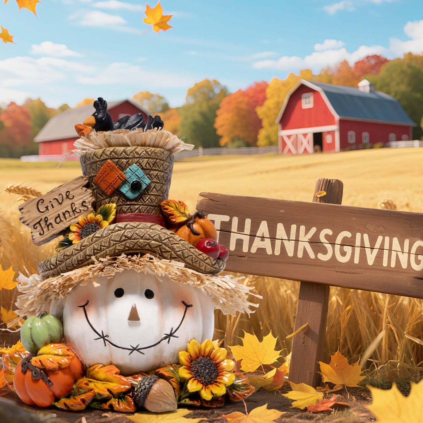 Hodao Thanksgiving Pumpkin Decorations, Resin Fall Autumn Figurine with Straw Hat, Birds, Acorns & Sunflowers, Give Thanks Sign, Festive Gift for Home Tabletop Mantel Thanksgiving Decorations (White)