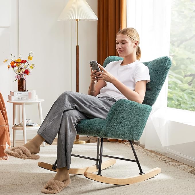 DUMOS Rocking Chair with Wing Backrest, Teddy Comfy Upholstered Indoor Reading