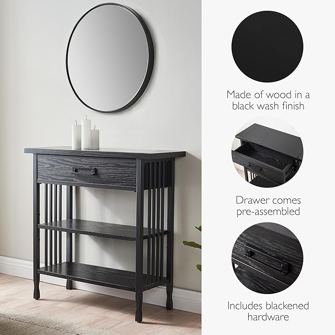 Leick Home Ironcraft Bookshelf, Solid Wood, 1 Drawer, 2 Shelves, Slatted Sides