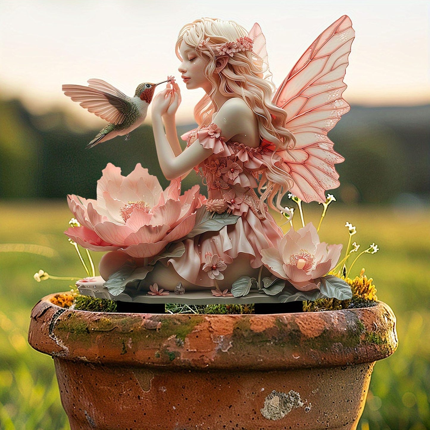ANNUOZE Fairy Garden Stake Decor, 2D Flat Acrylic Fairy Garden Decor Panel, Elf Yard Sign for Outdoor Indoor Yard Lawn Plants Pots, Fairy Yard Accessories (Fairy and Hummingbird)