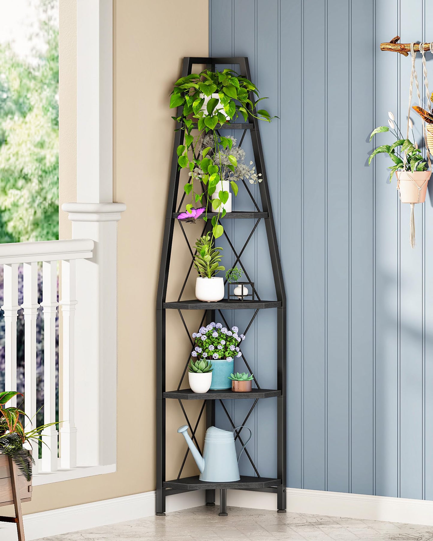 CHOEZON 5-Tier Corner Shelf, Corner Bookshelf, Ladder Shelf, Floor Standing Storage Rack, Open Display Stand, Plant Stand, for Living Room, Bedroom, Study, Bathroom, Black TCJ22BB