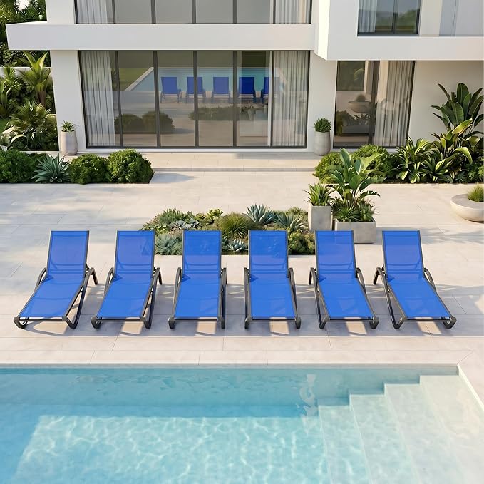 Patio Chaise Lounge Chairs Set of 6, All-Weather Aluminum Pool Loungers