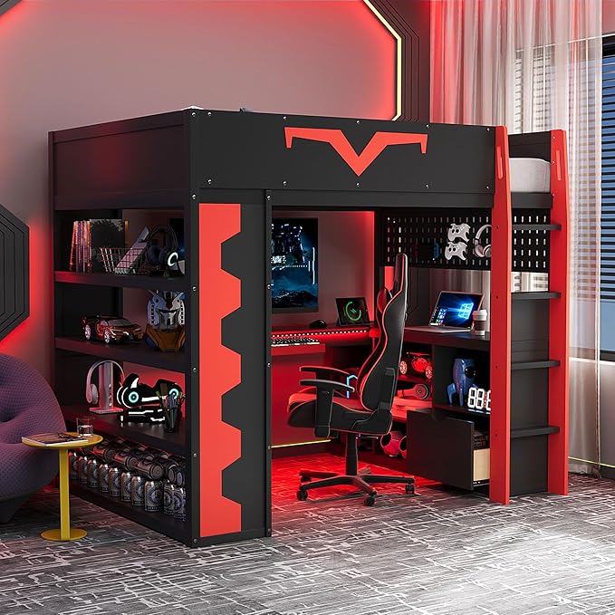 Full Size Gaming Loft Bed with Integrated Desk & RGB LED Lights, Pro-Gamer Bunk
