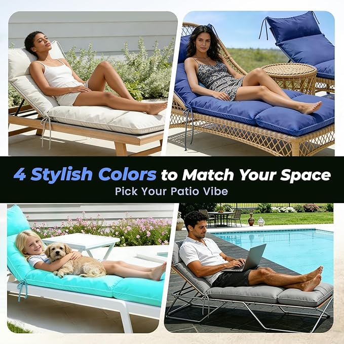 Outdoor Chaise Lounge Chair Cushion, Waterproof Non-Slip Patio Chaise Lounge
