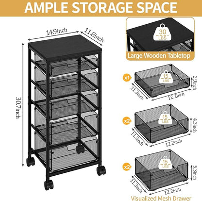 Sbanmao Utility Cart with 5 Drawers, Rolling Storage Cart with Wooden Tabletop and Lockable Wheels, Storage Drawer Cart with Drawers, Craft Cart for Bedroom, Classroom, Home, Office,Black