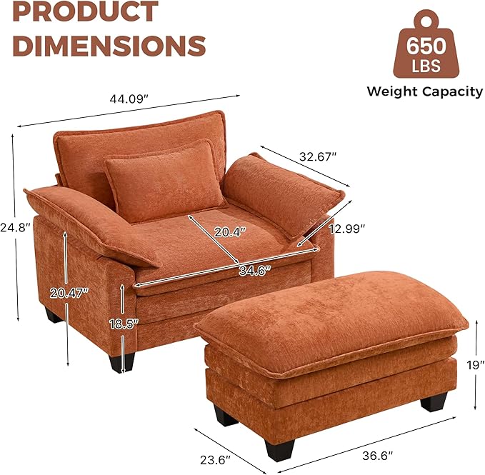 Oversized Accent Chairs with Ottoman Set of 2, Modern Comfy Reading Chair