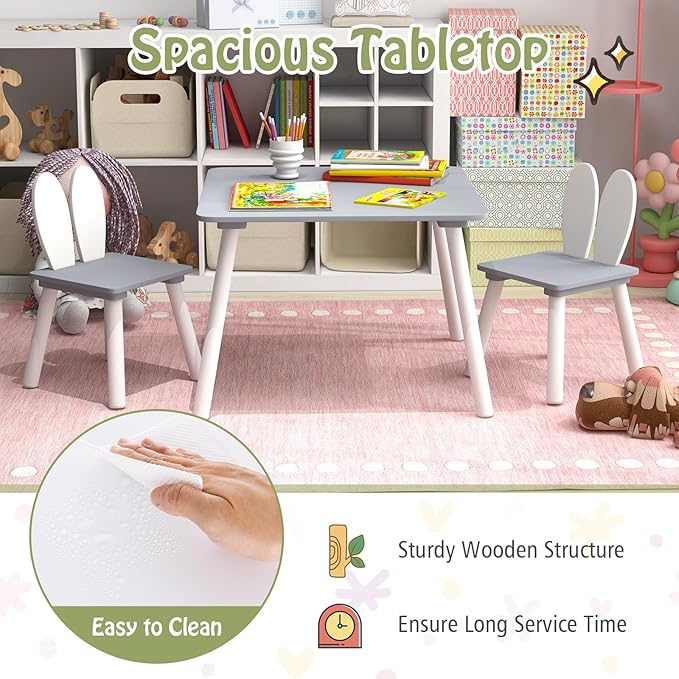 Costzon Kids Table and Chair Set, 3 Pieces Wooden Activity Table & 2 Rabbit