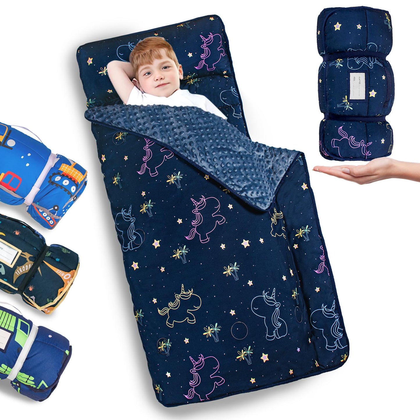 Primlect Thickened Toddler Nap Mat with Removable Pillow and Minky Blanket, Extra Large 55''x35'' Sleeping Bag, Washable, Roll up, Perfect for Daycare, Preschool, Kindergarten, Boys and Girls Unicorn