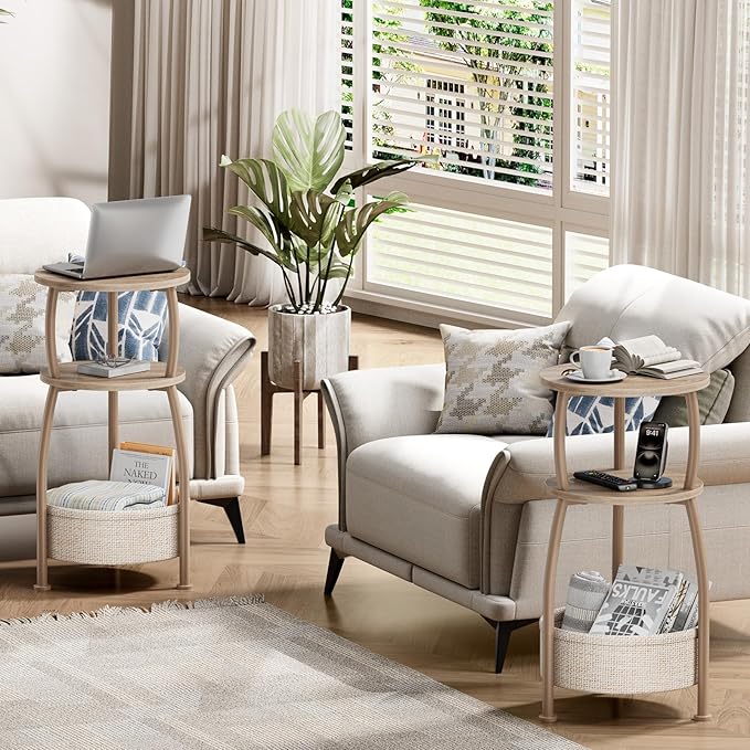 Small Side Table with Storage Basket, Space Saving Round End Table 3-Tier