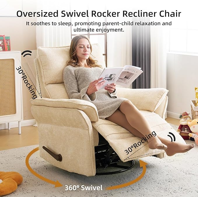Oversized Recliner Chair, Chenille Glider Rocking Nursery Chair