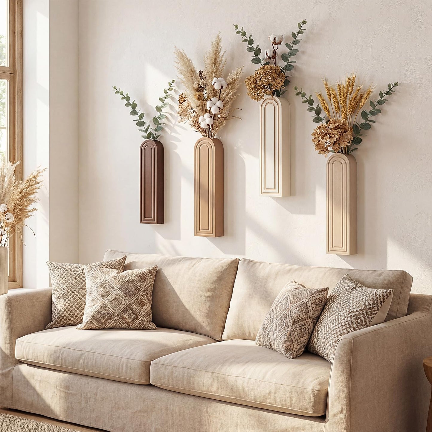 Ferrochef 4 Pack Wooden Wall Vase Set, Boho Hanging Planter Arched Vase Decor, Wood Wall-Mounted Plant and Flower Holders for Modern Farmhouse Bathroom Living Room Entryway Rustic Decor
