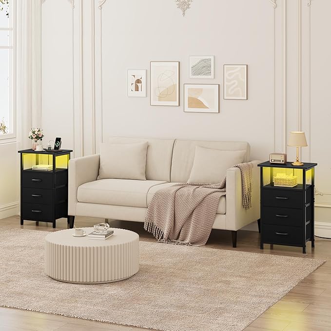 Vagusicc Night Stand with Charging Station, LED Nightstand