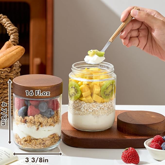 Danmu 16 oz Overnight Oats Containers with Lids,Salad Jar,Glass Jar with Wooden Lid 4 Pack,Mason Jars 16 oz with Lids for Snack,Overnight Oats,Meal Prep,Yogurt,Parfait,Soup,Salad 100% Leak-proof