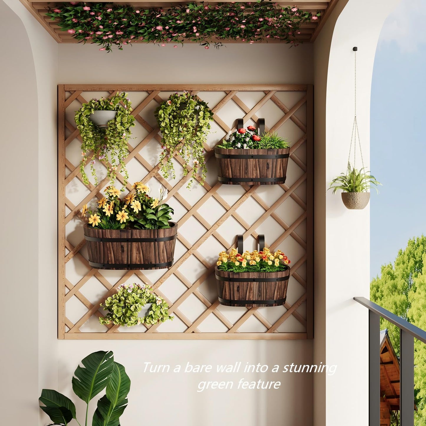 2PACK Wood Cute Railing Planter Box Wooden Hanging Flower Pots for Railing Fence Outdoor Plants Wall Planters Window Flower Box Hanging Bucket Pots Countryside plant Holder (Carbonized,2pcs,Small)