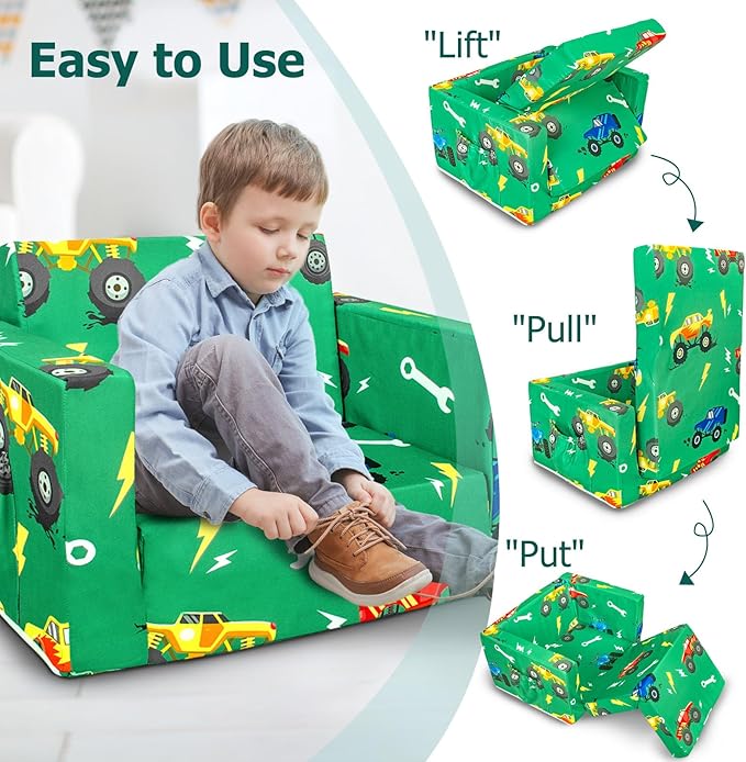 Kids Couch, 2-in-1 Kids Fold Out Sofa, Convertible Toddler Couch to Lounger