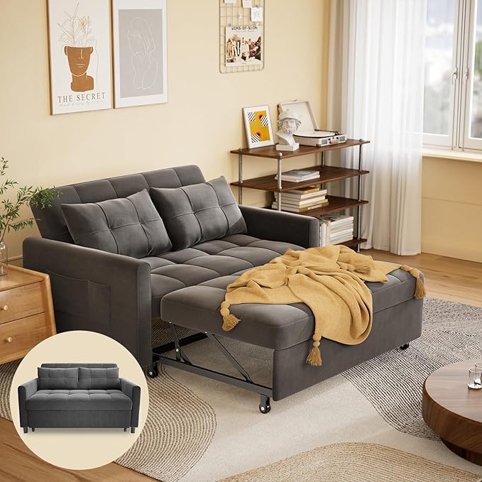 Gizoon 3 in 1 Velvet Sleeper Sofa Bed, 52 Inch 2-Seat Pull Out Couch