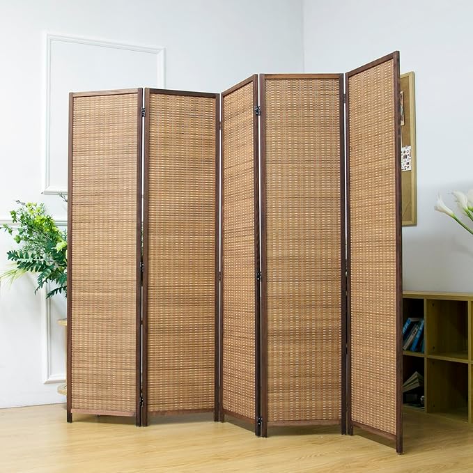 5 Panel Bamboo Room Divider Screen, 5.6 FT Tall Bamboo Divider Folding Privacy