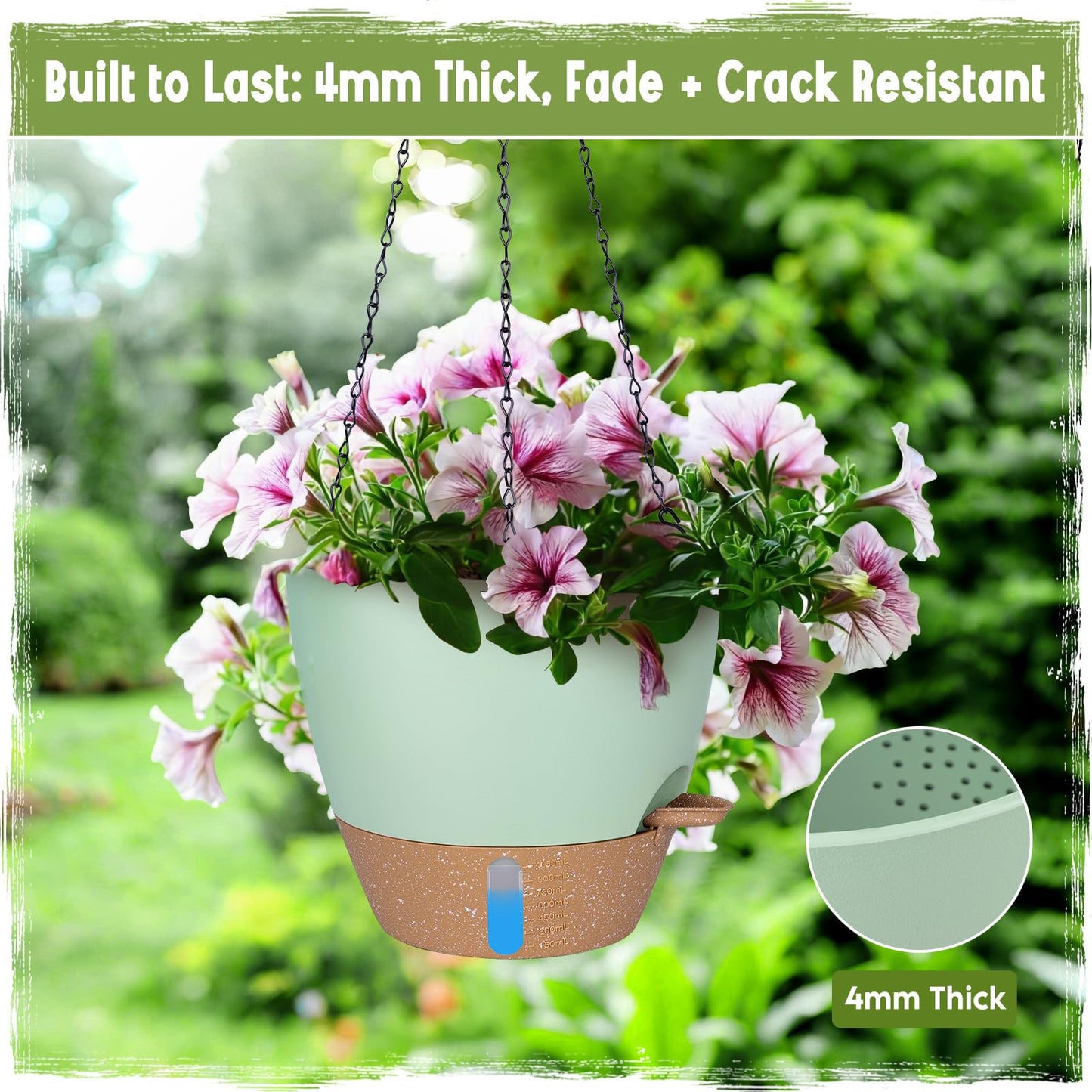 Goproauto Self-Watering Hanging Planters with Water Level Window, 8/10 Inch Indoor Outdoor Hanging Plant Pots Includes Chain Hangers with Drainage Holes & Detachable Reservoir (Green, 8+10 inch)