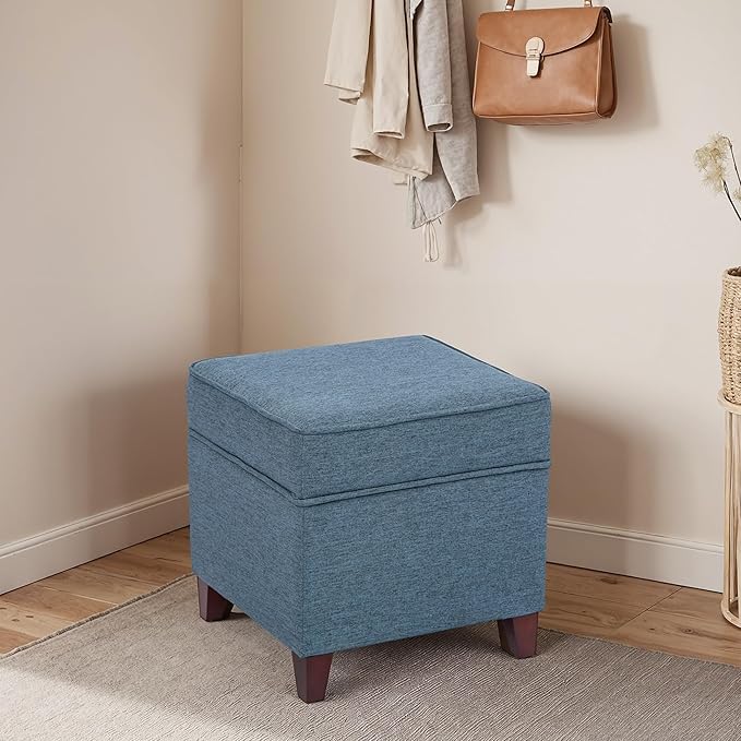 Adeco 17" Square Ottoman with Storage, Small Blue Storage Ottoman Foot Rest