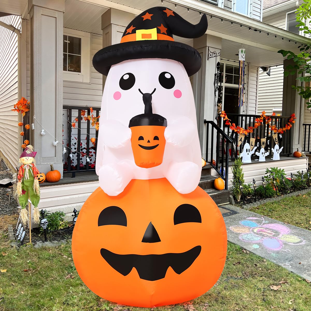 GOOSH 5 FT Halloween Inflatable Ghost Pumpkin Outdoor Decorations Blow Up Yard Ghost in Pumpkin with Built-in LEDs for Indoor Party Garden Lawn Decor