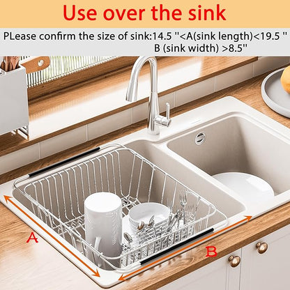 NiuYichee Stainless Steel Dish Drying Rack(14.2"L x 9.5"W x 4.1"H), Expandable Fruit & Vegetable Drain Rack over Sink, Dish Drainer Rack in Sink, with Stainless Steel Utensil Holder & 16" Silicone Mat