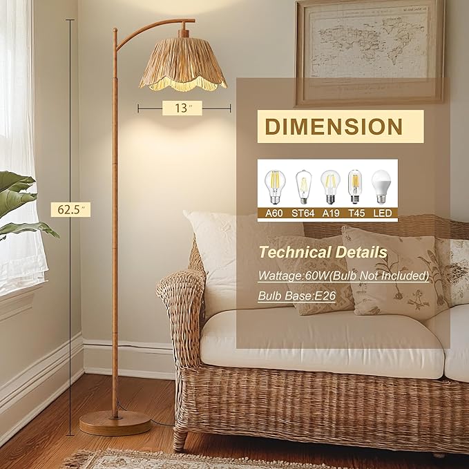 Oneach Rattan Floor Lamp for Bedroom, Boho Floor Lamp