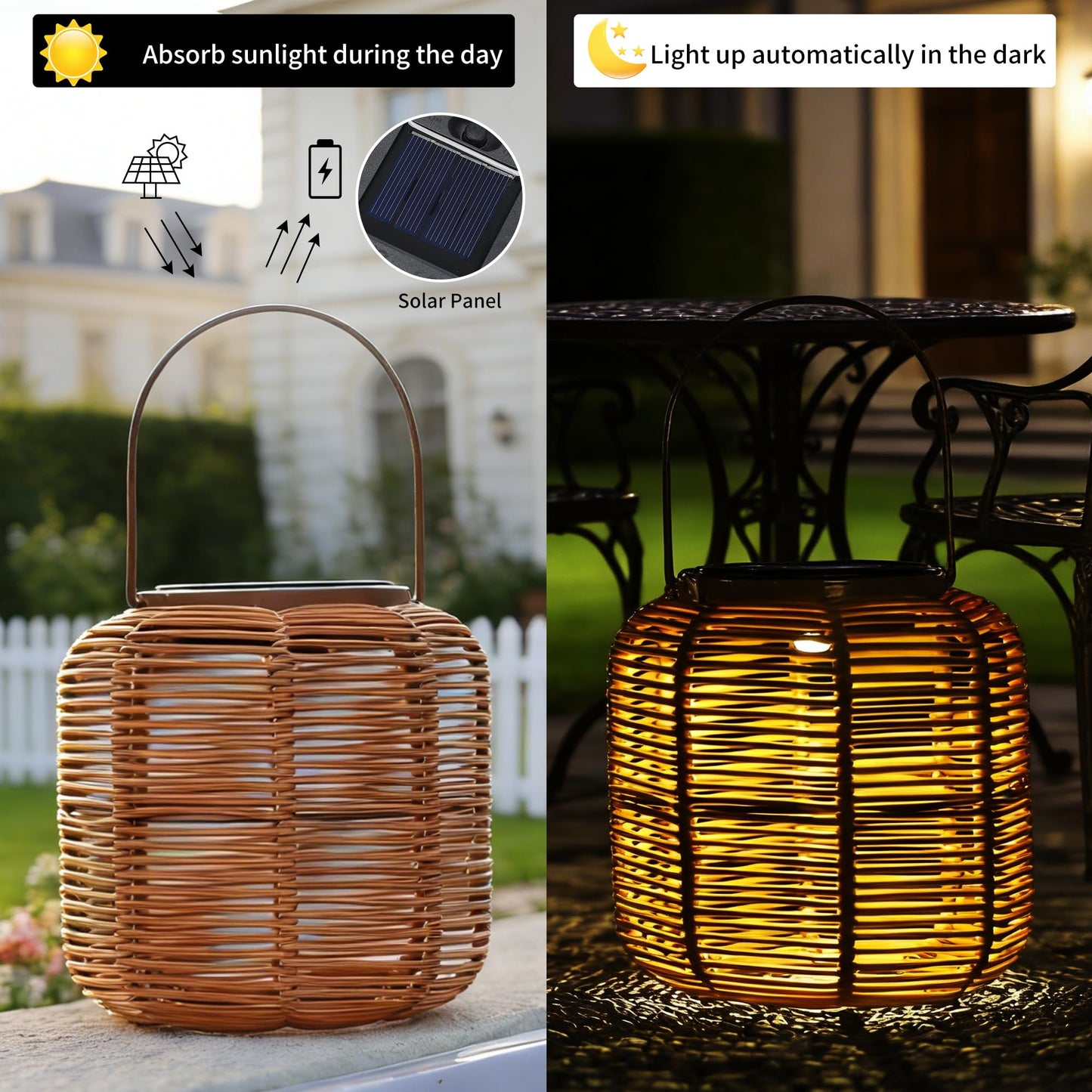 HMZHEX Solar-Powered Rattan Woven Lantern, 6"x7" Waterproof Hanging Solar Lantern for Outdoor, Boho Decorative Table Lamp, Warm Ambient Light for Garden Patio Porch Balcony