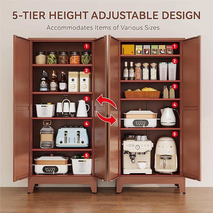 YAUWOH 71''Metal Cabinet with 4 Adjustable Shelves, 5-Tier Pantry Storage
