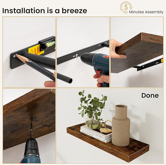Fun Memories Floating Shelves for Wall, 48 Inch Long Set of 2 Rustic Wood Wall