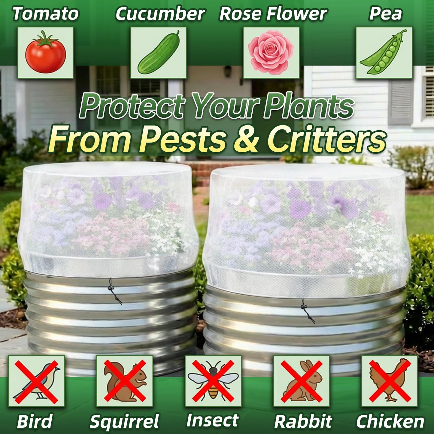 2 Pack Garden Netting Cover for 2 FT Dia x 1 FT H Round Raised Beds, Fine Mesh Plant Cover with Drawstring, Raised Bed Bug & Bird Barrier Screen for Vegetables, Herbs and Flowers