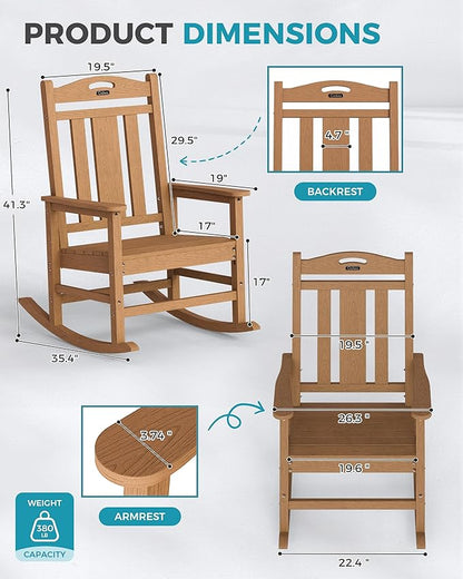 Ciokea Oversized Outdoor Rocking Chairs Set of 4, 380lbs Heavy-Duty Large Patio Rocker, High Back Cozy Porch Chairs, Weather Resistant Patio Rocking Chairs for Outside, Fire Pit, Deck, Teak