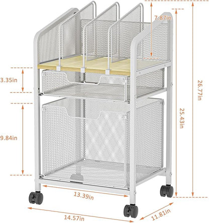 Rolling File Cabinet with Adjustable Dividers, Mobile Filing Cabinet with 2 Storage Drawers on Lockable Wheels, Hanging File Organizer Beside Under Desk for Office, Home, White（Patent Pending）