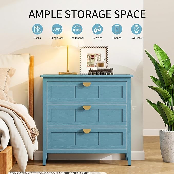 31.5" Blue Accent Storage Cabinet, Modern 3-Drawer Decorative Sideboard