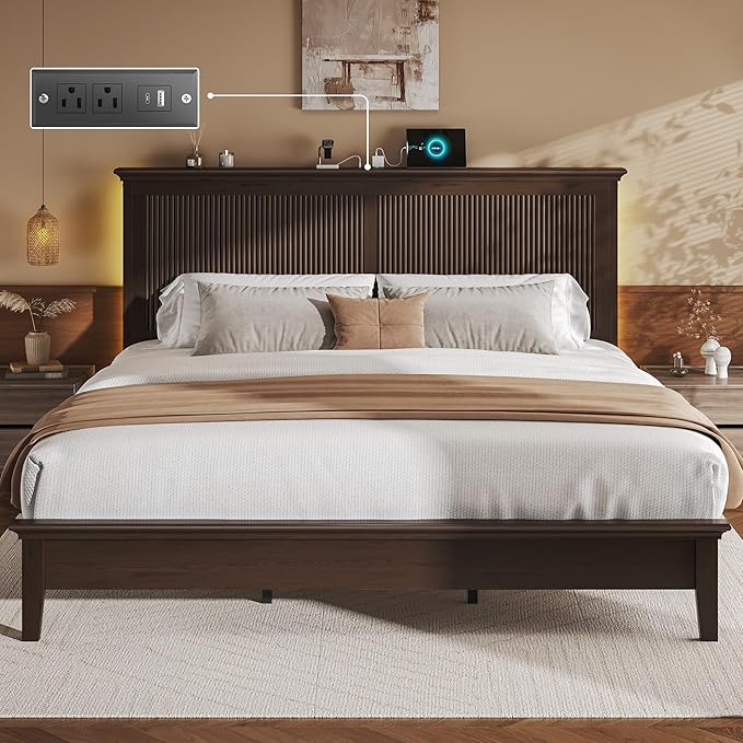 Lifezone King Bed Frame with Headboard, Solid Wood Bed Frame King Size with