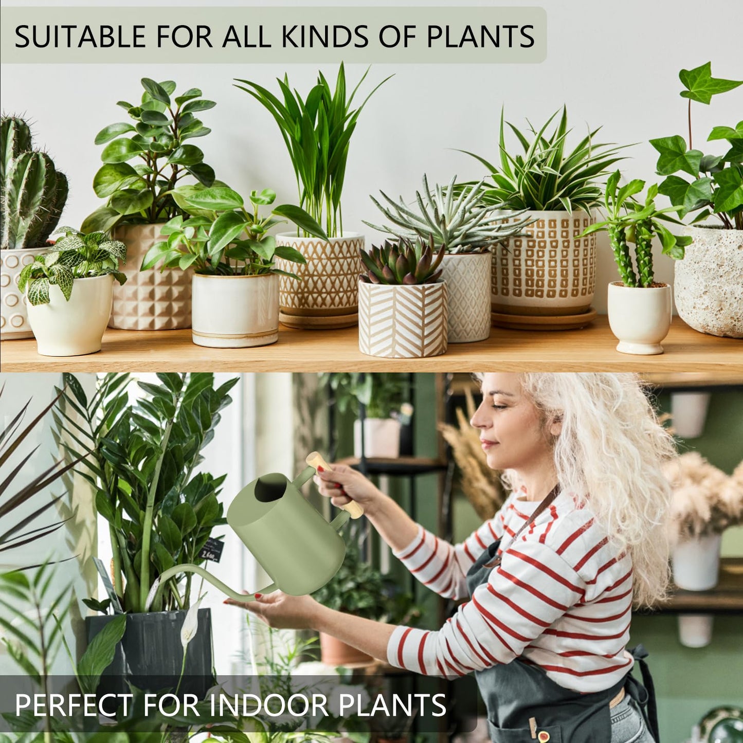 Watering Can Indoor Plants, 35oz Small Indoor Stainless Steel Metal Watering Can Modern Decorative Watering Pot with Long Spout for Indoor House Plant Bonsai Garden Flowers (Sage Green)