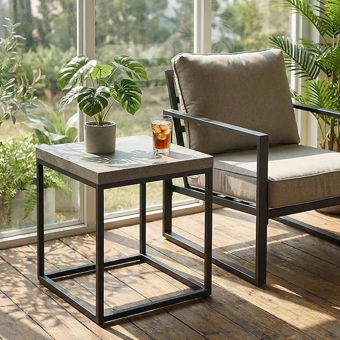 CENSI Modern Grey Square End Table, Extra Thick 1.6" Wood Top & Metal Frame