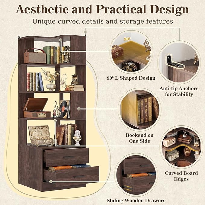 Armocity Corner Bookshelf with Drawers, 7 Tier Corner Book Shelf Display