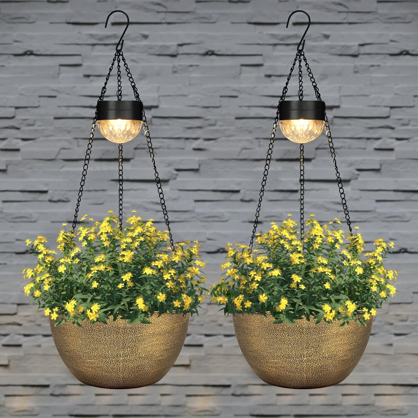 BAYN 2 Packs Solar Hanging Basket Planters for Plants Outdoor, Self Watering Copper Flower Plants Pots with Solar Light Drainer for Balcony Patio Garden Outdoor Decoration