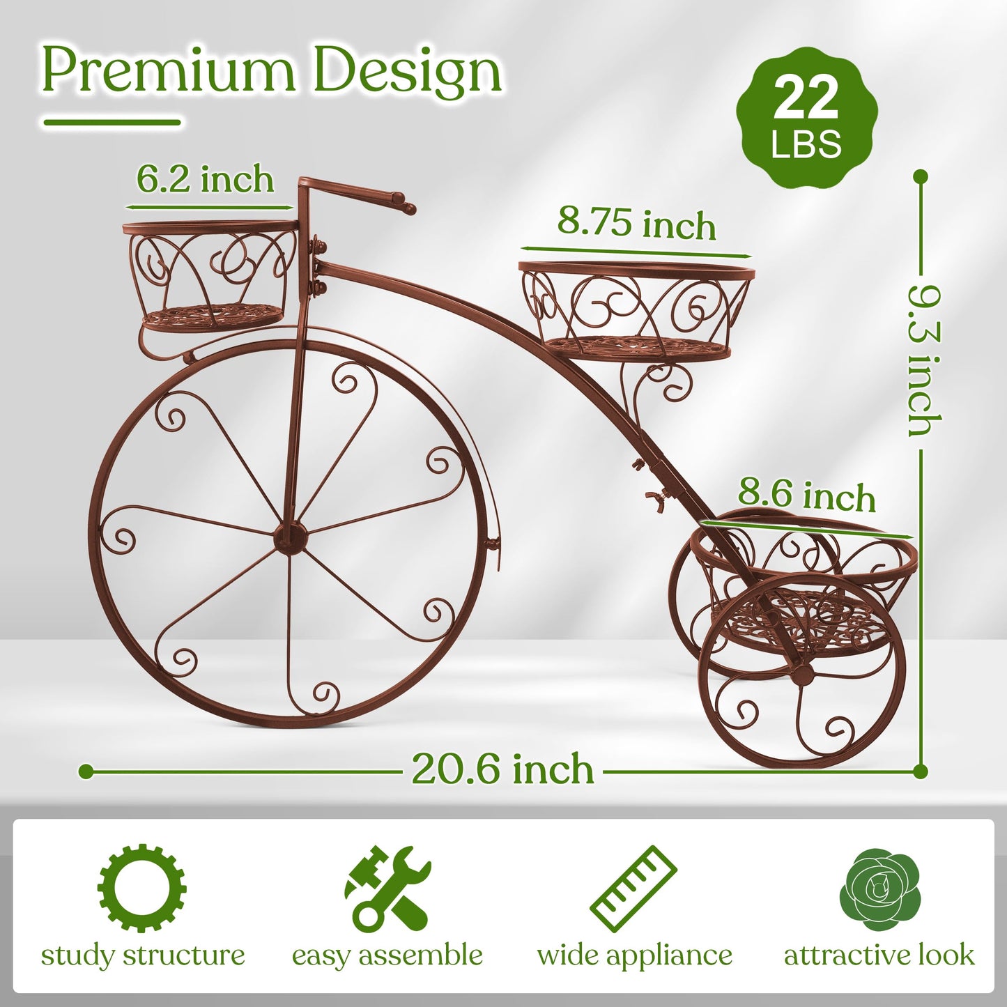 Sorbus Tricycle Plant Stand - Flower Pot Cart Holder - Ideal for Home, Garden, Patio - Great Gift for Plant Lovers, Housewarming, Mother’s Day - Parisian Style (Bronze)