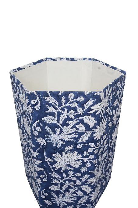 3.3 Gallon Cotton Hand Block Printed Paper Waste Basket |Small Decorative Trash Can for Housewarming Gifts in Living Room, Bedroom, Bathroom | Eco-Friendly, Plastic-Free (1, Blue White FLOWAR)