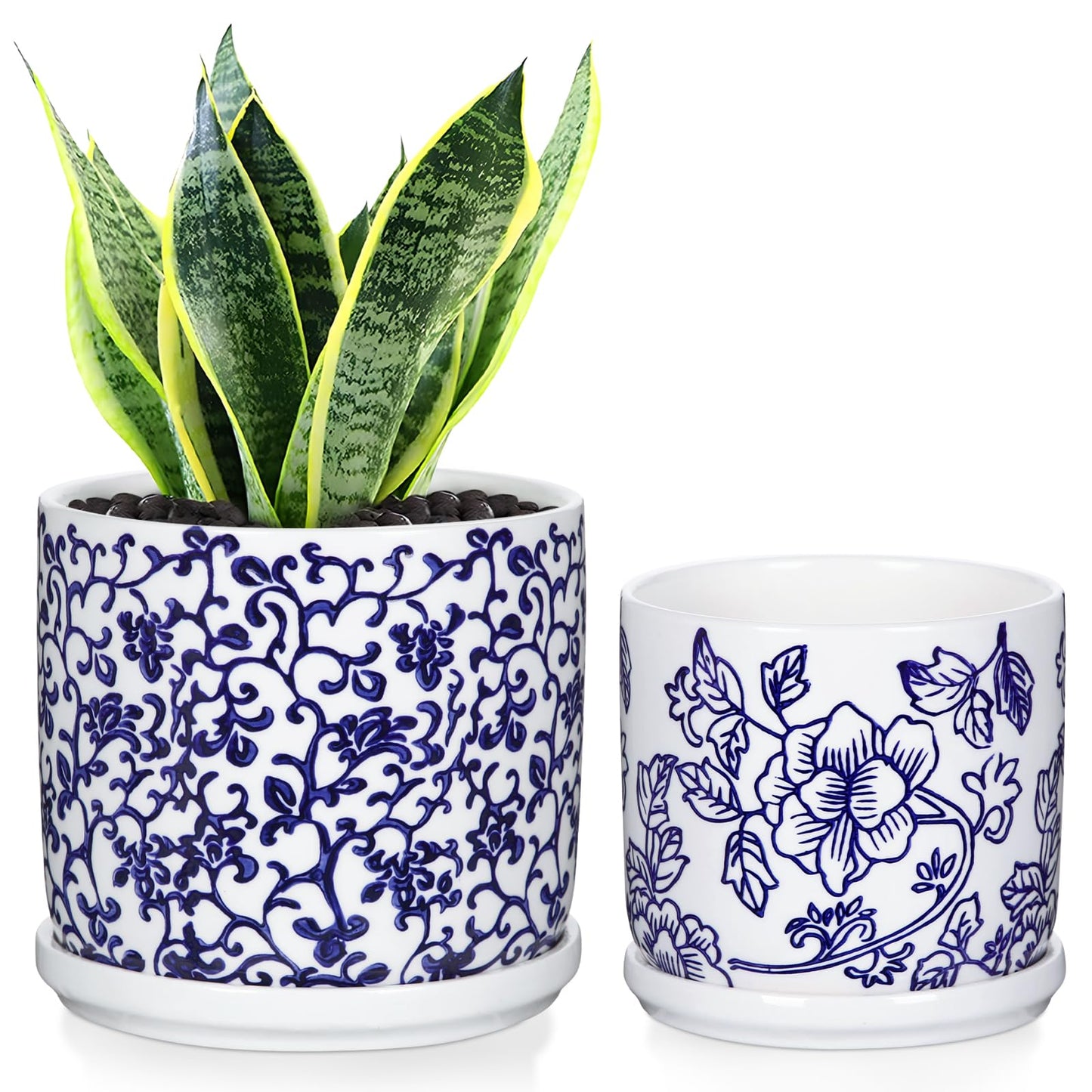 Set of 2 Blue and White Ceramic Plant Pots with Drainage Hole and Saucers, Retro Blue Porcelain Flowers Round Planters for Succulent Cactus Indoor Outdoor Garden Home Desktop Decor, 4.5+5.5 Inch