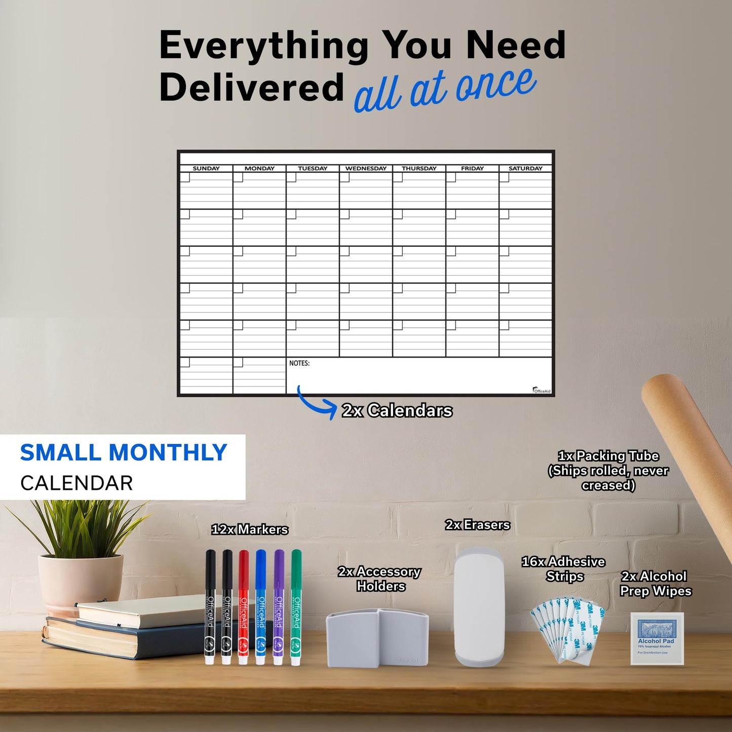 (2 PK) Small Dry Erase Calendar for Wall, 17x26, Small Wall Calendar Dry Erase, White Board for Office, Home & School, Erasable Whiteboard, Monthly Undated Reusable White Board Planner