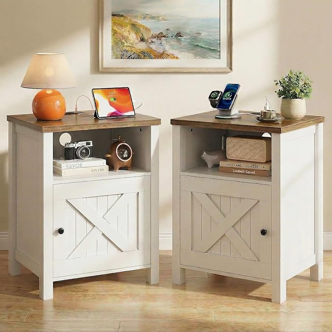 Marsail Farmhouse Nightstand, Wood Bedside Table