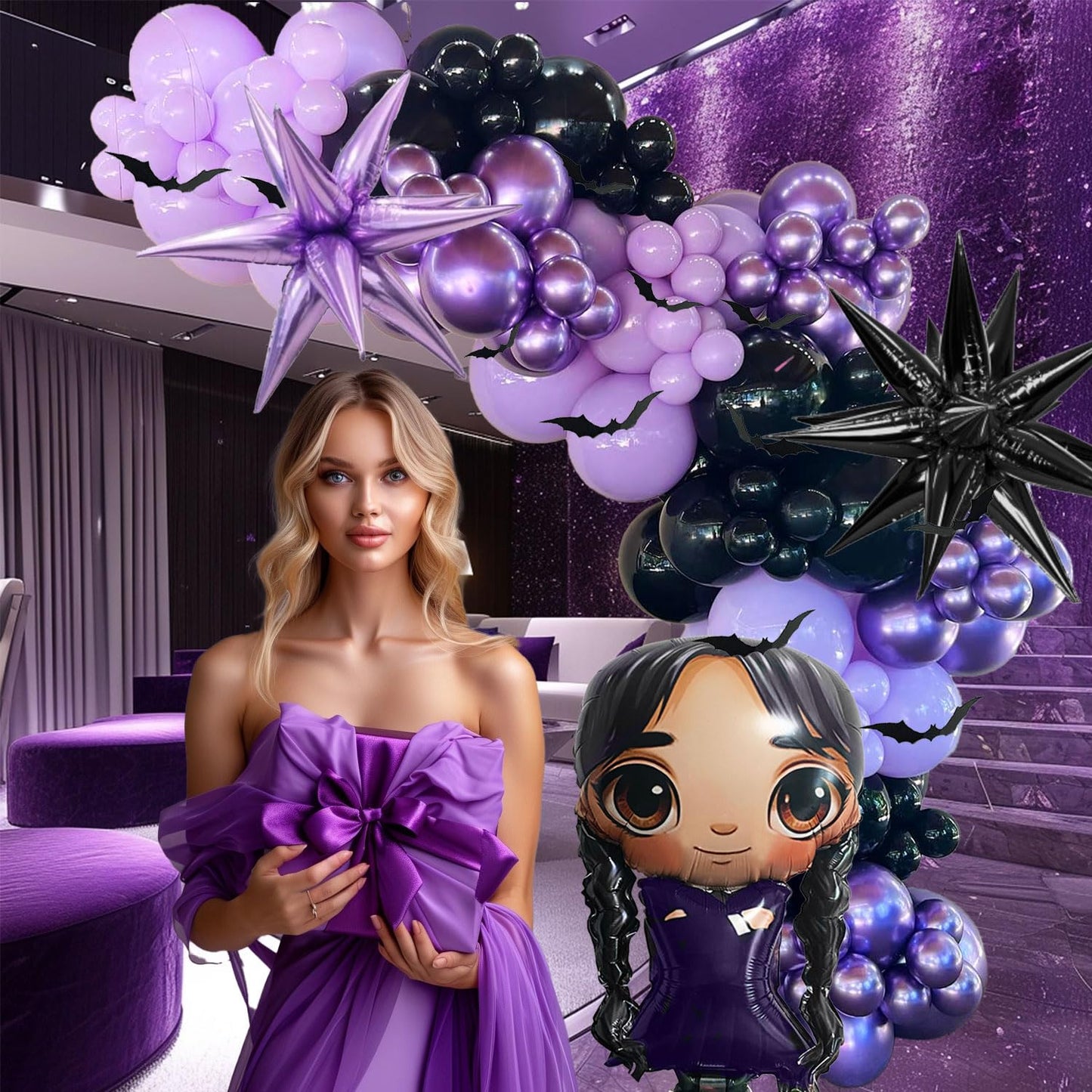 143pc Purple And Black Balloon Arch Kit Gothic Balloon Garland Paper Bats Starburst Foil Balloons For Vampirina Goth Birthday Decorations，Spooky Celebrations, Halloween, And Character-Themed Parties