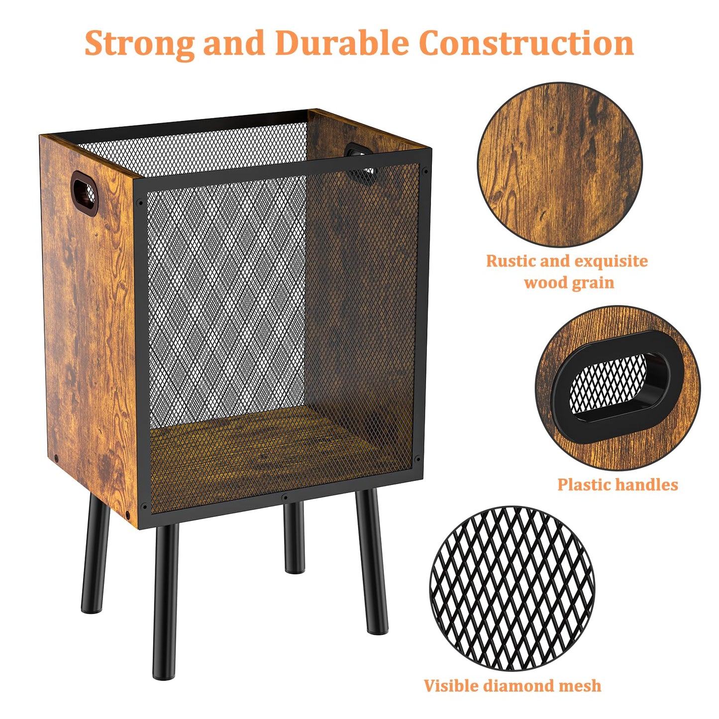 Yuyetuyo 4.5 Gallon Office Trash Can for Near Desk, Wood Bedroom Trashcan Rectangular Wastebasket with Mesh - Handles - Leg, Small Garbage Can Trash Bin for Office Bedroom Living Room Bathroom Dorm