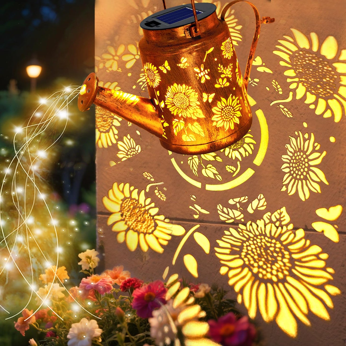 VOOKRY 2 Pack Sunflower Metal Solar Watering Can Lights, Solar Lights Outdoor Waterproof, Gifts for Women Mom Grandma Birthday, Hanging Lanterns Decorative Garden Decor for Outside Yard Patio Lawn