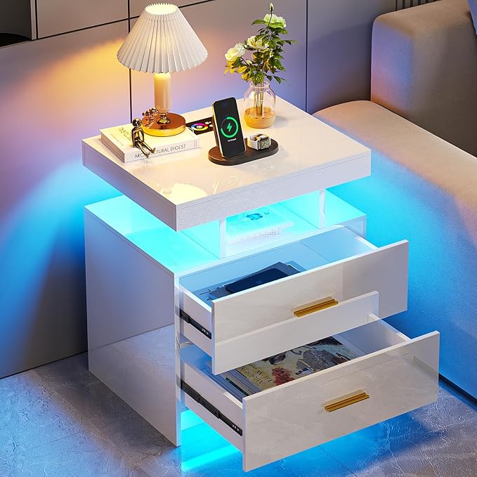 HNEBC Auto LED Nightstand with Wireless Charging Station & USB Ports, High