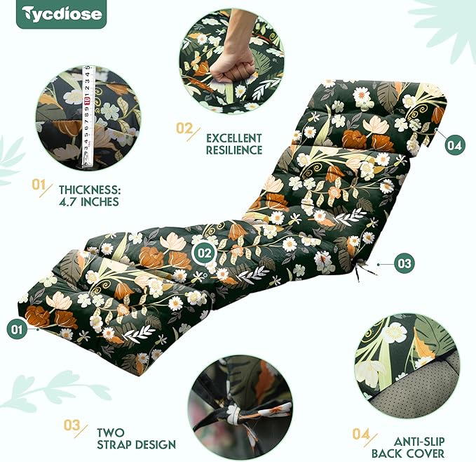 Outdoor Chaise Lounge Chair Cushion Set of 4, Waterproof 74.4 x 22 x 4.7 Inches