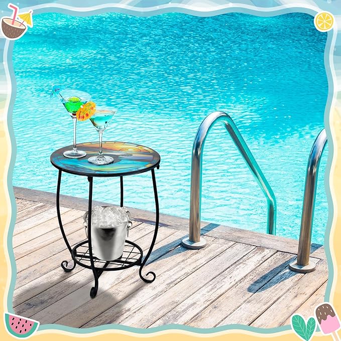 Cinnvoice Outdoor Side Table Round Small Mosaic Patio Accent Indoor End Plant