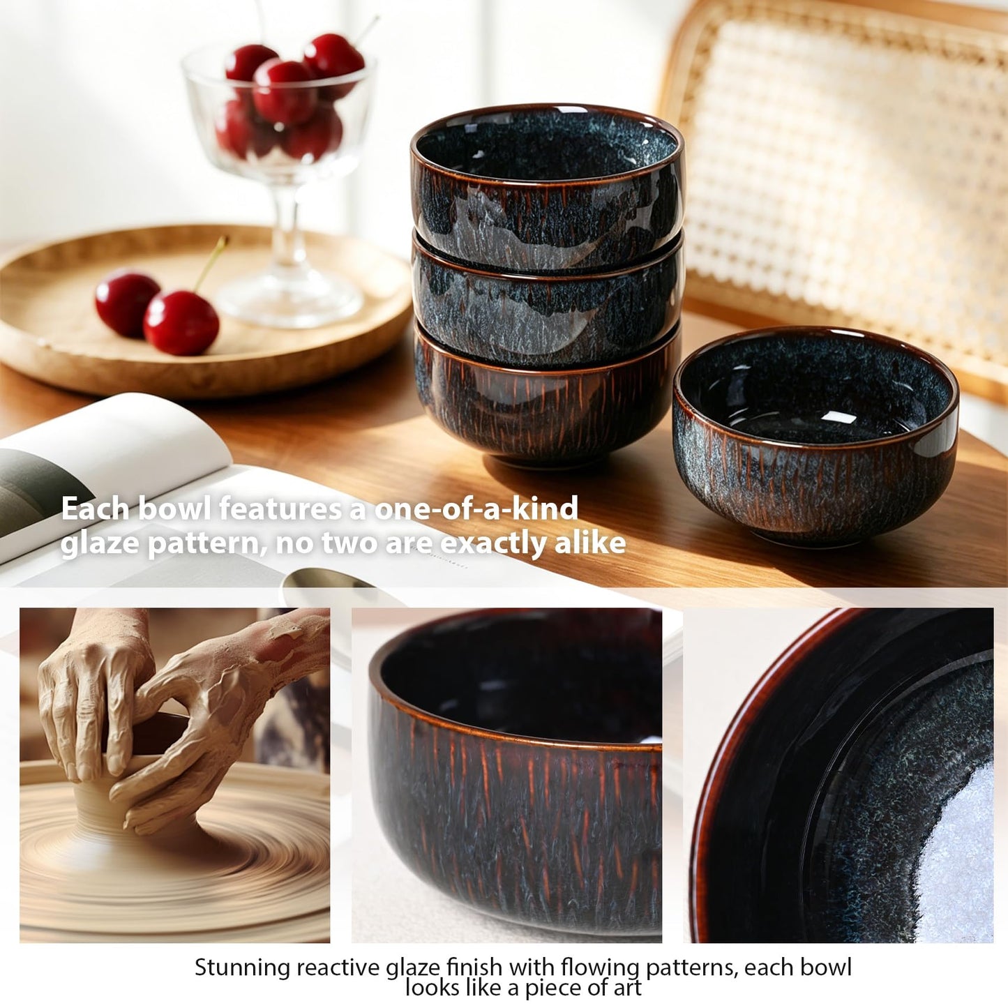 CLAYORA Stoneware Bowls Set of 4, Ceramic Bowl Set, Aesthetic Soup & Cereal Bowls for Salad Bowl, Ice Cream Bowl, Fruit Bowl, Unique Handmade Glaze Finish, Modern Kitchen Dining Decor